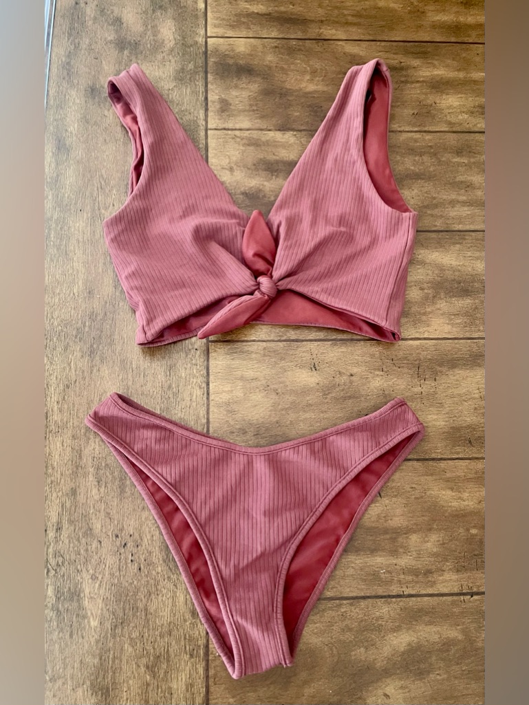 Montce Ribbed Kim Bikini Top (Size Small) & Lulu Bottom (Size Medium) In Brown